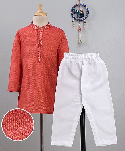 Babyhug Full Sleeves Kurta Pyjama Set Chevron Pattern & Embroidered Placket - Coral