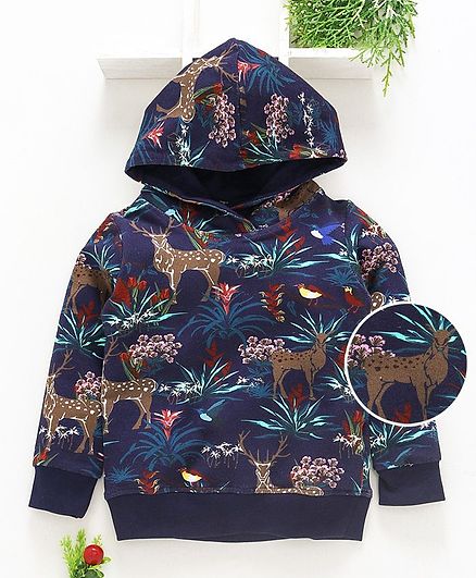 Ollypop Full Sleeves Hooded Sweatshirt Reindeer Print - Navy Blue