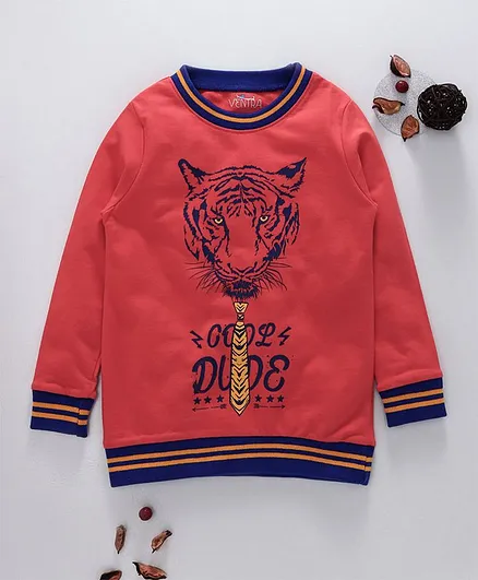 Ventra Tiger Print Full Sleeves Sweat Shirt - Red