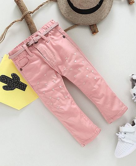 Memory Life Heart Embroidered Full Length Pant With Belt - Peach