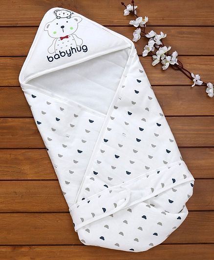 Babyhug Hooded Wrapper Bear Print - White & Blue