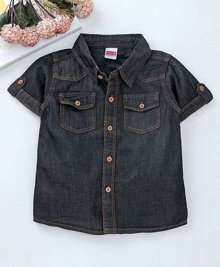 Babyhug Half Sleeves Solid Denim Shirt With Chest Pockets - Black