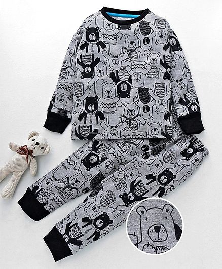 Lazy Shark Teddy Print Full Sleeves Night Suit - Grey