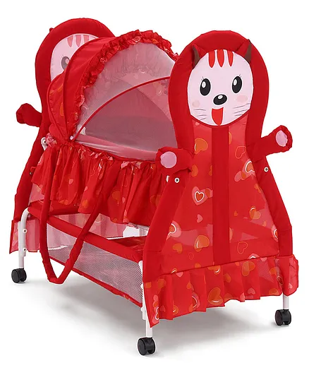 Kitty Print Cradle With Mosquito Net and Swing Lock function - Red
