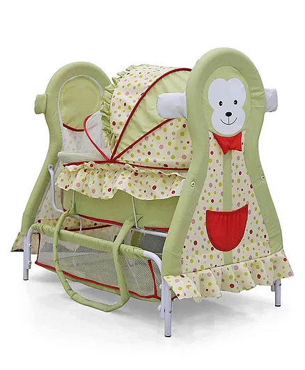 Babyhug Monkey Print Cradle With Mosquito Net and Swing Lock function - Green