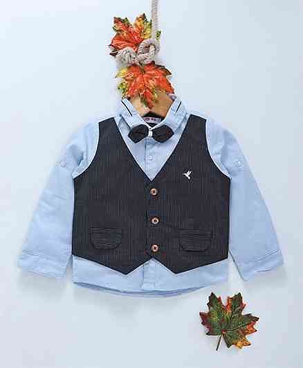 ZY Baby Full Sleeves Shirt With Striped Mock Waistcoat & Bow - Blue