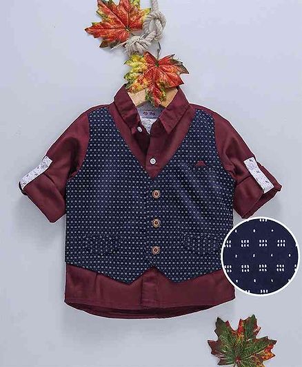 ZY Baby Full Sleeves Shirt With Printed Mock Waistcoat - Maroon