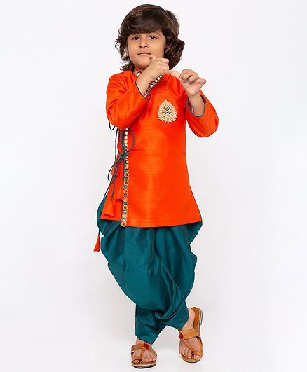 JBN Creation Mirror Work Kurta & Dhoti Set - Orange & Green