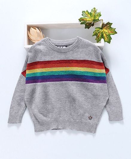 Vitamins Winter Wear Full Sleeves Tee Rainbow Stripes - Melange Grey