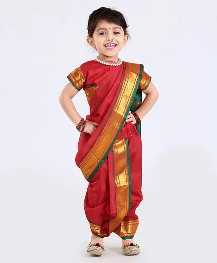 Bhartiya Half Sleeves Blouse And Nauvari Saree - Red