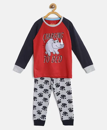 Lazy Shark Rhino Printed Full Sleeves Night Suit - Red