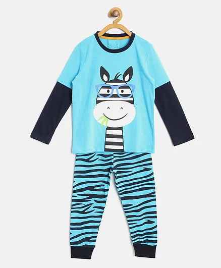 Lazy Shark Zebra Printed Full Sleeves Night Suit - Blue
