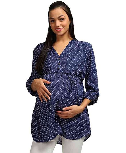 Wobbly Walk Maternity Full Sleeves Tunic Dot Print - Navy Blue
