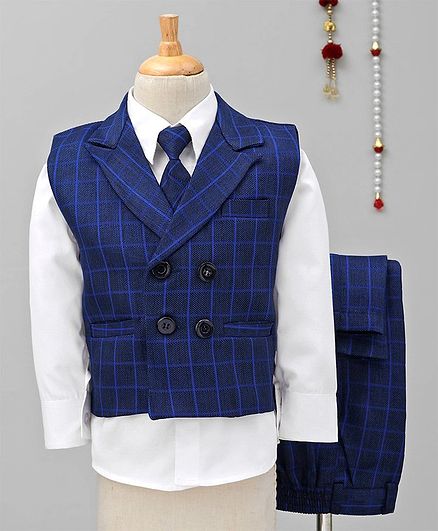 Jeet Ethnics Checkered 3 Pcs Party Wear Suit With Tie - Navy Blue