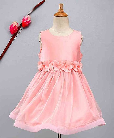 KIDSDEW Floral Belt Taffeta Dress With Gathered Flare - Light Pink