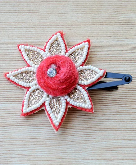 Pretty Ponytails Gota & Pearl Flower Design Hair Clip - Pink