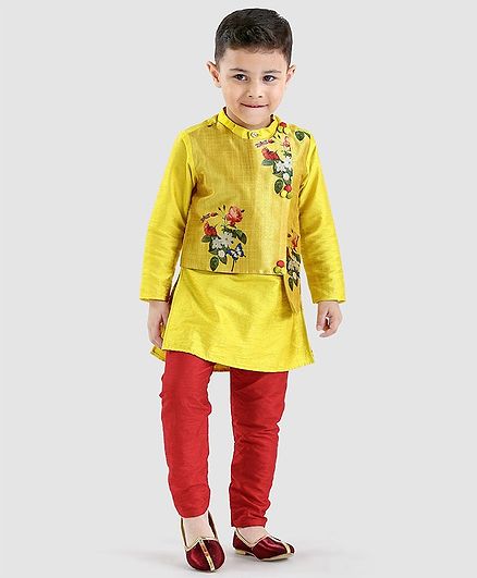 Kirti Agarwal Pret N Couture Varsha Showering Trends Full Sleeves Kurta & Churidar Set - Yellow & Red
