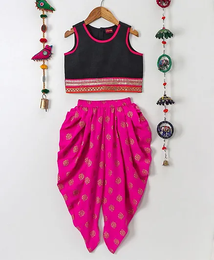 Twisha Lace Deailing Sleeveless Top & Foil Print Dhoti Set - Black & Pink