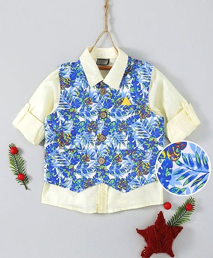 Rikidoos Solid Shirt With Floral Print Waistcoat - Yellow & Blue