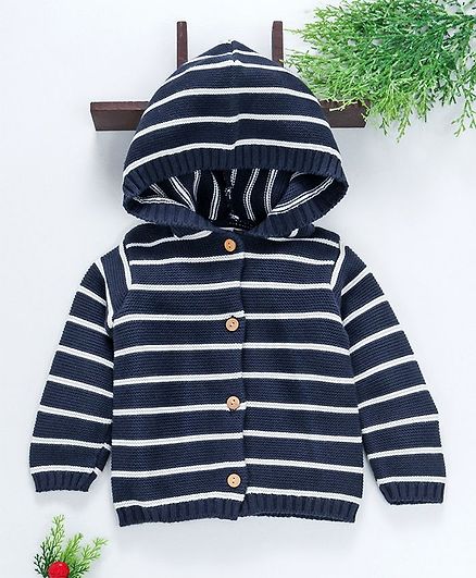Ollypop Full Sleeves Hooded Organic Sweater Striped Design - Navy