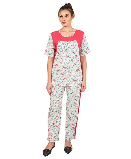 9teenAGAIN Floral Printed Night Suit Set - Pink & White