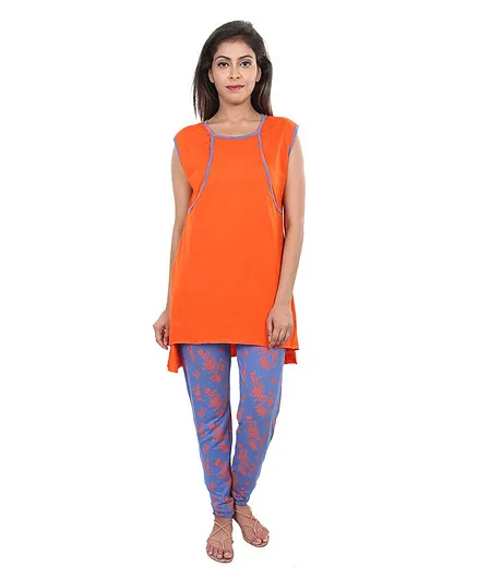 9teenAGAIN Printed Nursing Night Suit Set - Orange & Blue