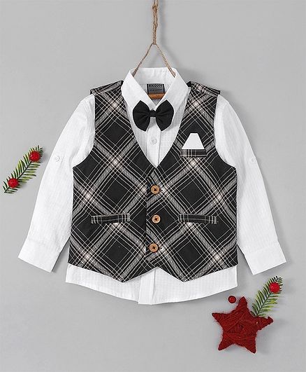 Rikidoos Solid Full Sleeves Shirt With Checkered Waistcoat & Bow - Black
