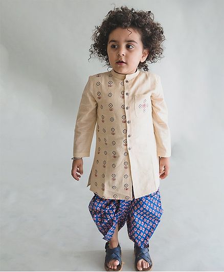 Tiber Taber Buta Ajrakh Dhoti & Kurta Set - Beige & Blue