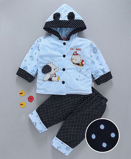 U R Cute Teddy Patch Top & Polka Dot Print Bottom Set - Blue