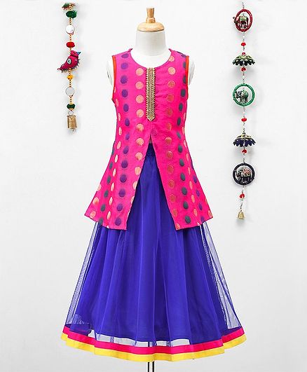 Twisha Sleeveless Brocade Front Slit Long Top With Net Lehenga - Pink