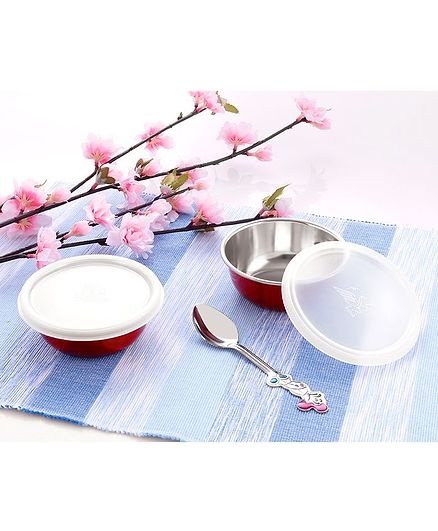 Falcon Non Spill Steel Snack Bowl With Spoon Red - Pack of 2