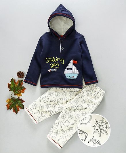 Ollypop Full Sleeves Hooded Tee And Lounge Pant Ship Patch - Navy Blue Grey