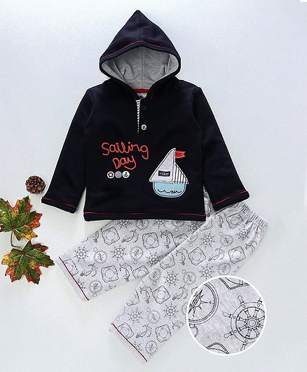 Ollypop Full Sleeves Hooded Tee And Lounge Pant Ship Patch - Navy Blue Off White