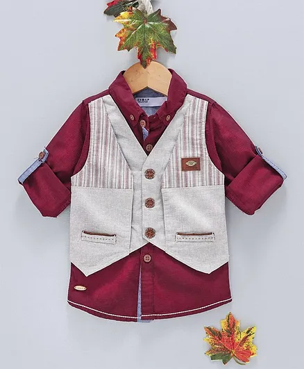 ZY & UP Full Sleeves Shirt With Striped Waistcoat & Bow - Maroon