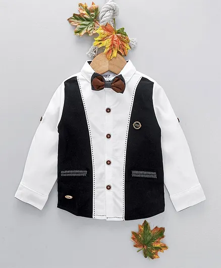 ZY & UP Solid Full Sleeves Shirt With Detachable Bow - White & Black