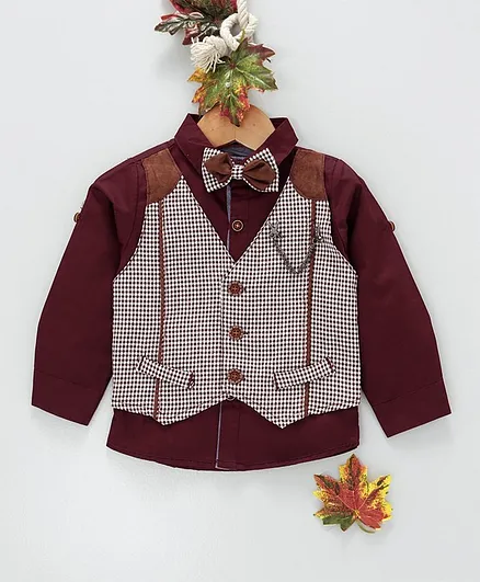 ZY & UP Full Sleeves Shirt With Checked Mock Waistcoat & Bow - Maroon