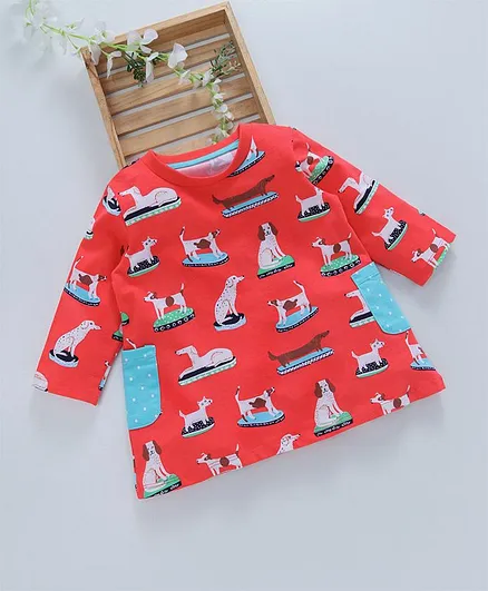Kookie Kids Dogs Printed Full Sleeves Dress - Red