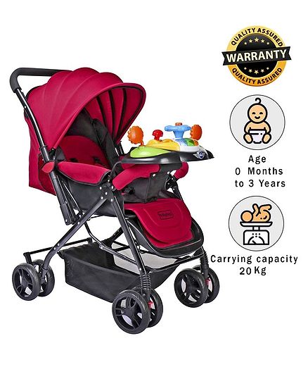 Babyhug Supreme Stroller With Mosquito Net & Musical Toy Tray - Dark Pink