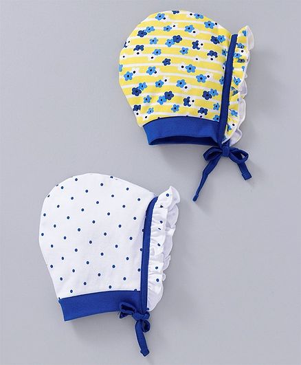 Babyhug Cotton Bonnet Caps Dotted & Floral Print Pack of 2 - Blue Yellow