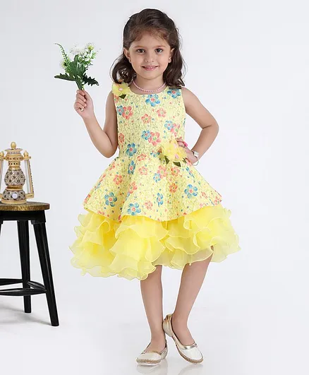 Babyhug Sleeveless Party Wear Frock With Floral Applique - Yellow
