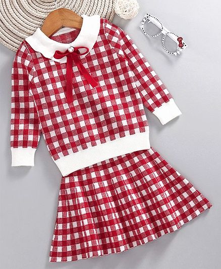 Kookie Kids Checked Full Sleeves Top With Checked Skirt Set - Red