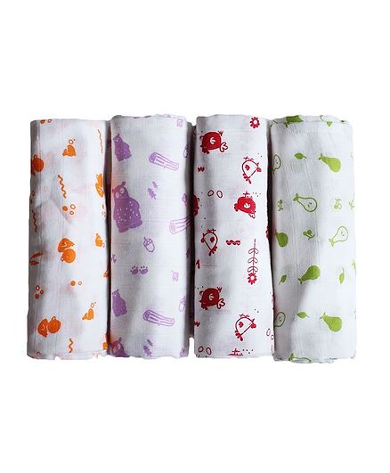 Shumee Organic Muslin Swaddle Hen Bear Duck Pear - Pack of 4