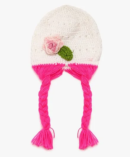 MayRa Knits Woollen Cap Flower Design - Pink