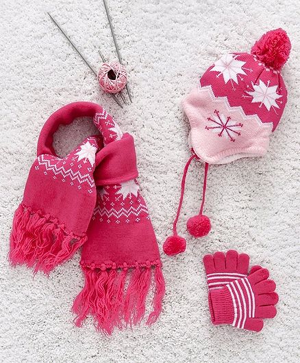 Babyhug Woollen Cap Gloves & Muffler Set Snow Pattern - Red