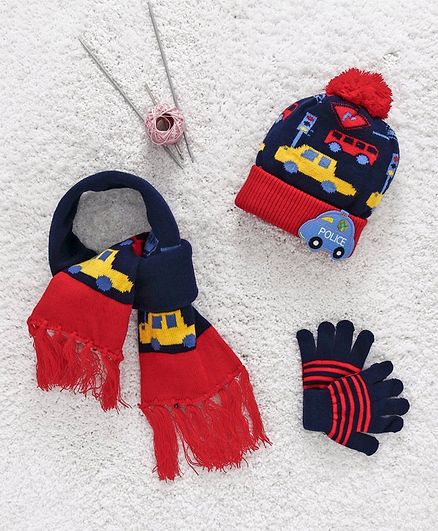 Babyhug Woollen Set Police Car Patch - Blue