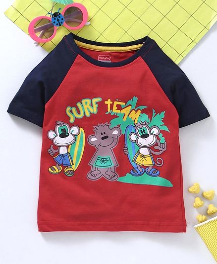 Babyhug Half Sleeves Raglan Tee Surf Team Print - Red Navy Blue