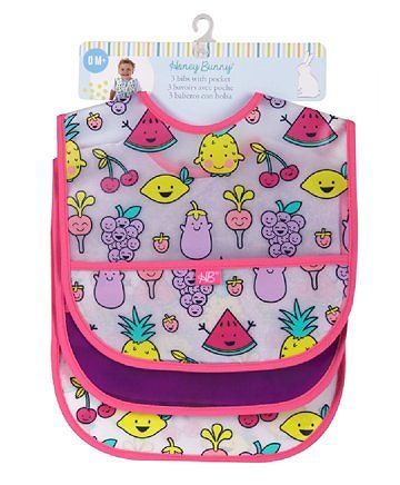 Honey Bunny Water Resistant Bib With Pocket Fruits Print Pack of 3 - Pink