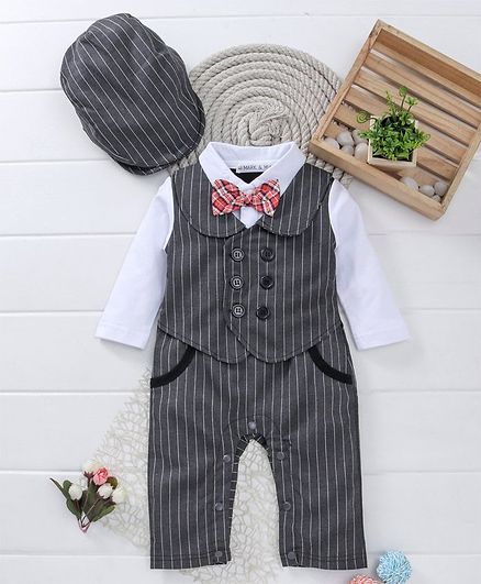 Mark & Mia Full Sleeves Striped Romper With Cap - Grey
