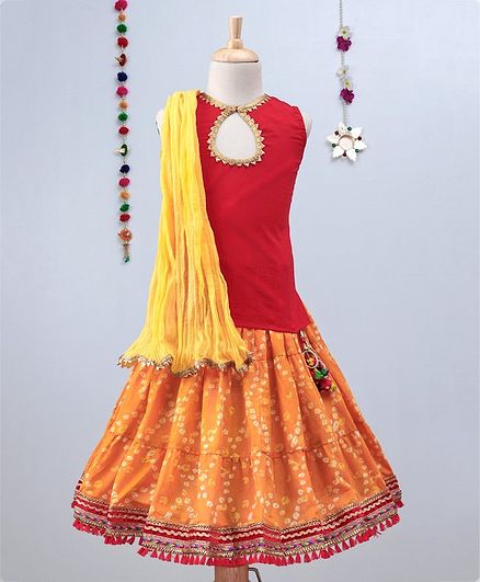 Kidcetra Bandhini Ghagra With Tie Back Sleeveless Choli And Dupatta Set - Yellow & Red
