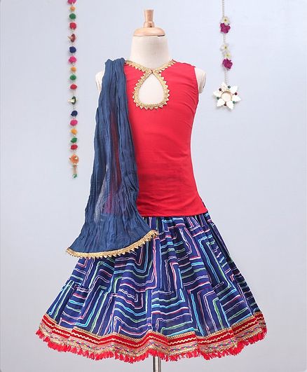Kidcetra Sleeveless Tie Back Choli And Leheriya Lehenga With Dupatta Set - Blue & Red